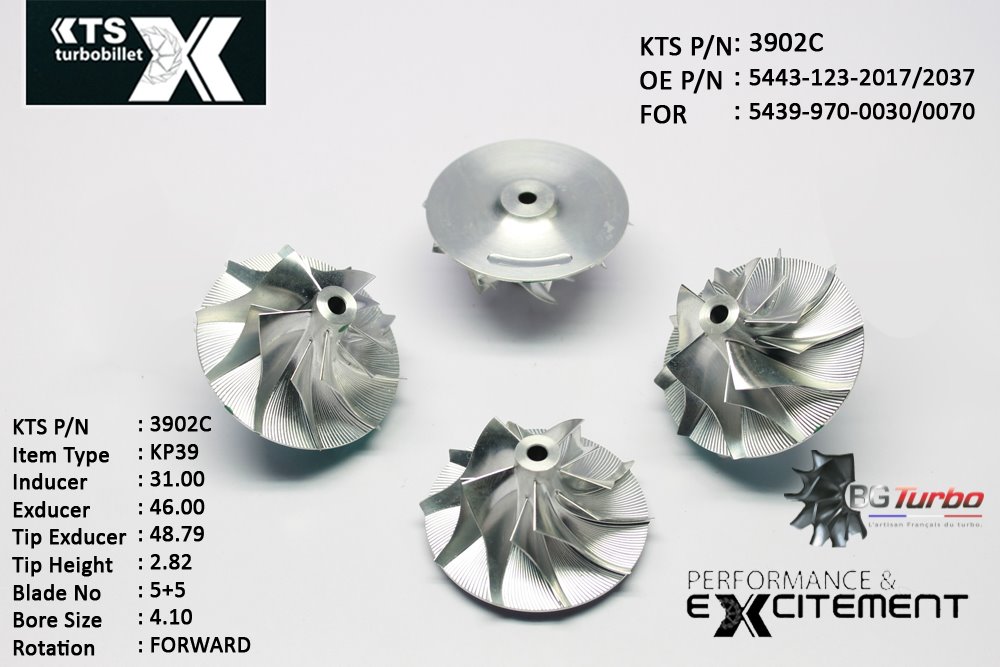 Turbo ROUE FORGÉE MFS PERFORMANCE - 5+5 PALES - INDUCER : 31 - EXDUCER : 46 - TYPE : KP39ANGLE : 60° - ROTATION : Forward - SUPER BACK : 2,81 - BORE SIZE : 4,1
